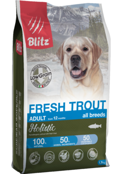 Низкозерновой сухой корм для взрослых собак всех пород свежая форель Blitz Holistic Fresh Trout Adult Dog All Breeds (Low Grain) 500 гр, 1,5 кг, 12 кг