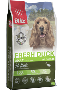 Низкозерновой сухой корм для взрослых собак всех пород свежая утка Blitz Holistic Fresh Duck Adult Dog All Breeds (Low Grain) 500 гр, 1,5 кг, 12 кг