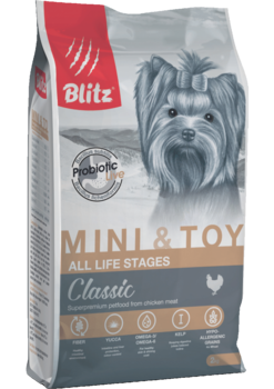 Сухой корм для собак мелких и миниатюрных пород всех возрастов Blitz Classic Mini & Toy Breeds Dog All Life Stages 500 гр, 2 кг, 7 кг