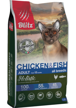 Низкозерновой корм для взрослых кошек всех пород курица и рыба Blitz Holistic Chicken & Fish Cat All Breeds (Low Grain) 400 гр, 1,5 кг, 5 кг