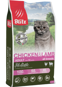 Низкозерновой корм для взрослых кошек всех пород курица и ягненок Blitz Holistic Chicken & Lamb Cat All Breeds (Low Grain) 400 гр, 1,5 кг, 5 кг