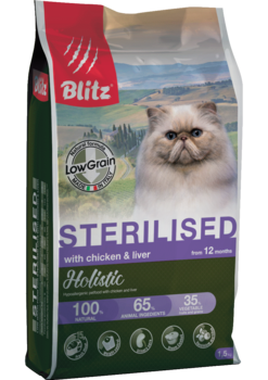 Низкозерновой корм для кастрированных или стерилизованных кошек и котов всех пород Blitz Holistic Chicken & Liver Adult Sterilised Cat (Low Grain) 400 гр, 1,5 кг, 5 кг