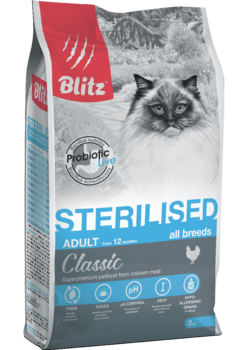 Сухой корм для стерилизованных кошек курица Blitz Classic Chicken Adult Sterilised Cat All Breeds 400 гр, 2 кг, 10 кг
