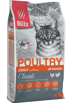 Сухой корм для взрослых кошек домашняя птица Blitz Classic Poultry Adult Cat All Breeds  2 кг, 10 кг