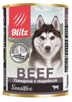 Консервированный корм для собак всех пород и возрастов говядина с индейкой Blitz Sensitive Dog Beef & Turkey (Pate) 200 гр, 400 гр
