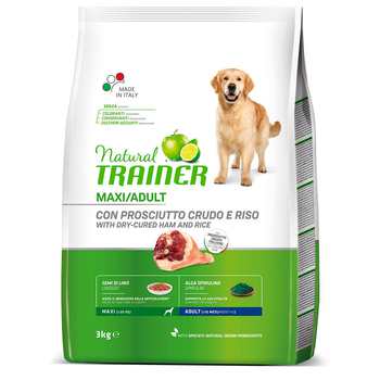 Сухой корм для взрослых собак крупных и гигантских пород Trainer Natural Dog Maxi Adult - Dry-Cured Ham and Rice с ветчиной 3 кг, 12 кг