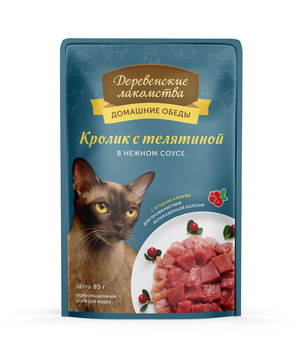 Влажный корм для кошек Деревенские лакомства Кролик с телятиной в нежном соусе 85 гр