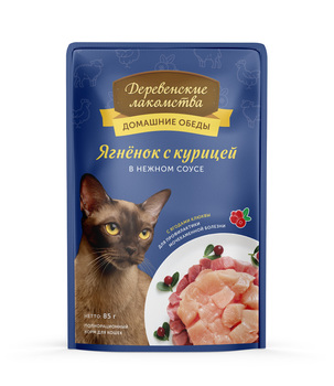 Влажный корм для кошек Деревенские лакомства Ягненок с курицей в нежном соусе 85 гр