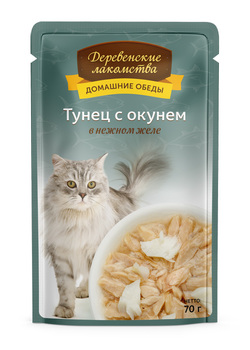 Влажный корм для кошек Деревенские лакомства Тунец с окунем в желе 70 гр.