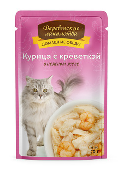 Влажный корм для кошек Деревенские лакомства Курица с креветкой в желе 70 гр.