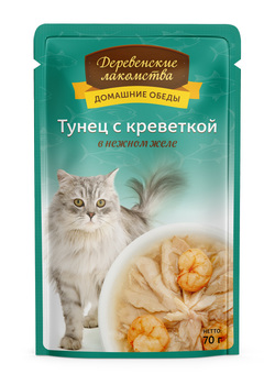 Влажный корм для кошек Деревенские лакомства  Тунец с креветкой в желе 70 гр.