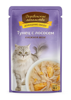 Влажный корм для кошек Деревенские лакомства Тунец с лососем в желе 70 гр.