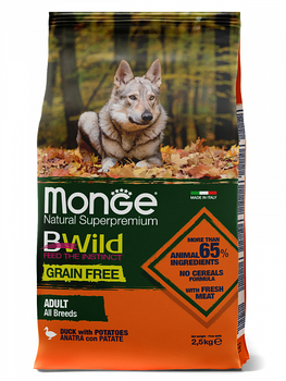 Сухой корм для взрослых собак Monge Dog BWild Grain Free Adult Anatra беззерновой из мяса утки с картофелем  2,5 кг, 12 кг