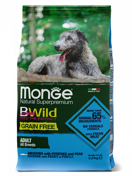 Сухой корм для взрослых собак Monge Dog BWild Grain Free All Breeds Adult Acciughe из анчоуса с картофелем и горохом 2,5 кг, 12 кг