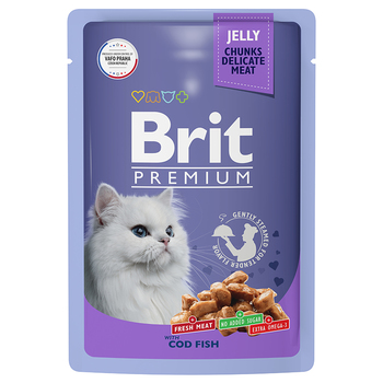 Влажный корм премиум класса для взрослых кошек Brit Premium треска в желе 85гр