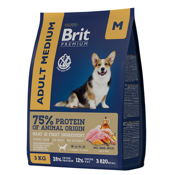 Сухой корм премиум-класса для взрослых собак средних пород (10–25 кг) Brit Premium Dog Adult Medium с курицей 1 кг, 3 кг, 8 кг, 15 кг