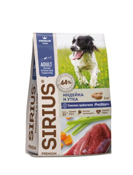 Сухой корм премиум класса SIRIUS для взрослых собак средних пород  индейка с уткой и овощами 2 кг, 12 кг