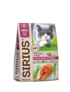 Сухой корм премиум класса SIRIUS для взрослых кошек с лососем и рисом 400 гр, 1,5 кг, 10 кг