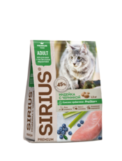 Сухой корм премиум класса SIRIUS для кошек с чувствительным пищеварением с индейкой и черникой