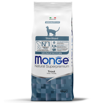 Сухой корм для взрослых стерилизованных кошек Monge Cat Monoprotein Sterilised Trout Cat с форелью 400 гр, 1,5 кг, 10 кг