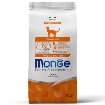 Сухой корм для стерилизованных кошек Monge (Монж) Cat Speciality Line Monoprotein Cat Sterilised Duck с уткой 1,5 кг, 10 кг