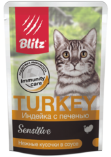 Влажный корм для взрослых кошек Blitz Sensitive Индейка с печенью кусочки в соусе 