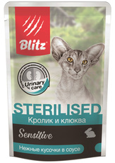 Влажный корм для кастрированных или стерилизованных кошек и котов Blitz Sensitive Кролик и клюква кусочки в соусе